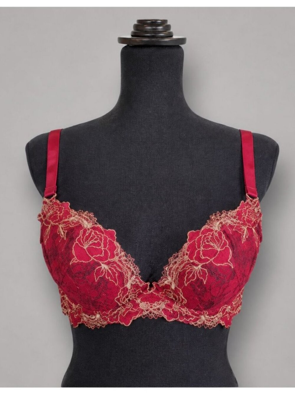 Evescret Red Embroidered Lace Underwire Bra Women's 34B Floral Lingerie